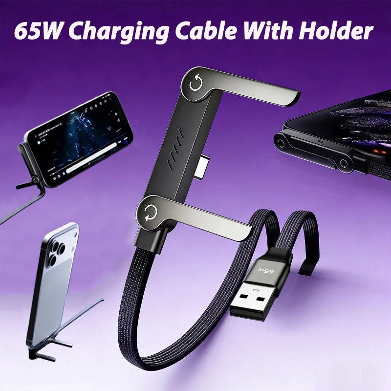 Cable de Carga Rápida 65W con Soporte Plegable 2 en 1 – USB-A y USB-C