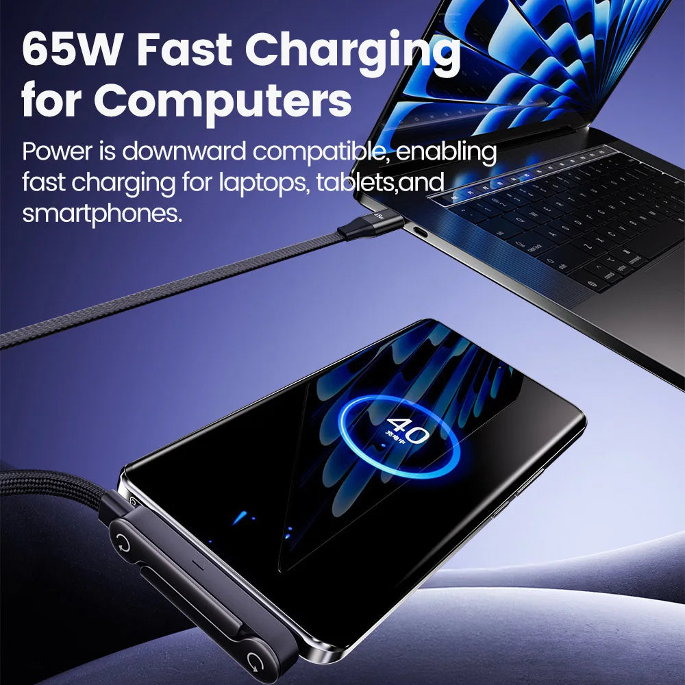 Cable de Carga Rápida 65W con Soporte Plegable 2 en 1 – USB-A y USB-C